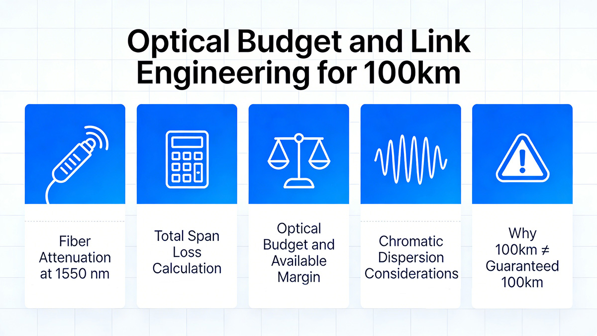 Optical Budget and Link Engineering for 100km